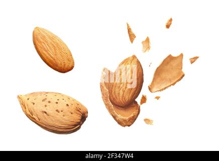 Guscio di mandorle incrinato in pezzi e mandorle intere isolate bianco Foto Stock