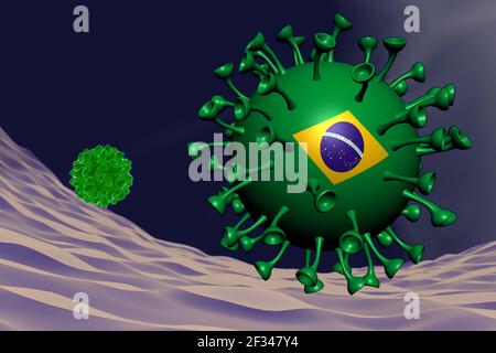 Coronavirus primo piano con la bandiera brasiliana all'interno di esso, variante virus concetto di illustrazione 3d Foto Stock