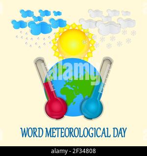 World meteorological day.Greeting card con pianeta terra, sole, nuvole, pioggia, neve, termometri e testo su sfondo giallo.Stock illustrazione vettoriale Illustrazione Vettoriale