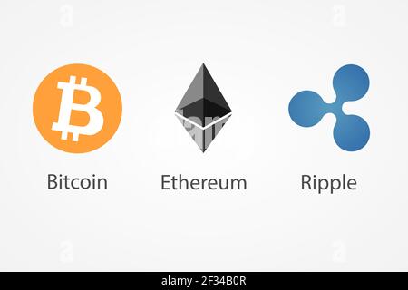 Icone vettoriali di Bitcoin, Ethereum, Ripple Coins. Simboli di criptovaluta isolati su sfondo bianco. Illustrazione Vettoriale
