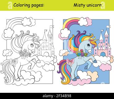 Carino unicorn su nuvola e cielo castello. Pagina del libro da colorare per i bambini con modello colorato. Illustrazione isolata di cartoni animati vettoriali. Per libro da colorare, Illustrazione Vettoriale