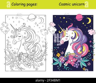 Bellezza cosmica unicorno con fiori e stelle. Pagina del libro da colorare per i bambini con modello colorato. Illustrazione isolata di cartoni animati vettoriali. Per colori Illustrazione Vettoriale