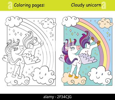 Un unicorno arcobaleno che vola nel cielo. Illustrazione per bambini.  Vettore Immagine e Vettoriale - Alamy