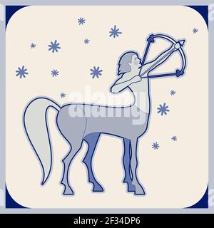 Piastrelle in ceramica illustrate. Centaur armato di un arco che spara una freccia e stelle. Stile medievale. Illustrazione Vettoriale