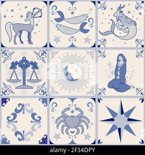 Raccolta di piastrelle idrauliche illustrate con elementi zodiacali e ornamentali Illustrazione Vettoriale