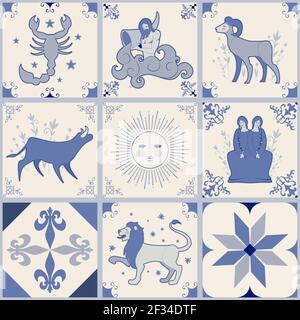 Raccolta di piastrelle idrauliche illustrate con elementi zodiacali e ornamentali Illustrazione Vettoriale