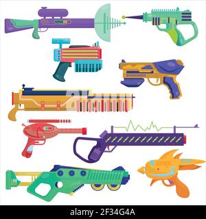 Serie vettoriale di blaster. Blasters luminosi in stile cartone animato. Armi colorate per giochi per computer. Illustrazione Vettoriale