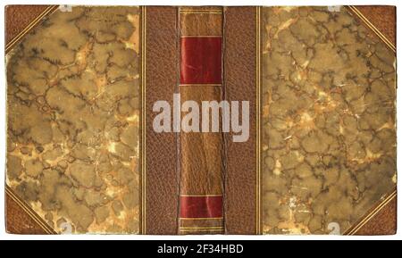 Vecchio libro aperto - copertina con carta marmorizzata e dorso in pelle (circa 1899), isolato su bianco Foto Stock