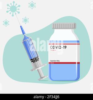 Illustrazione vettoriale del vaccino del coronavirus. Siringa monouso per uso medico con ago e flacone di vaccino. Icona piatta. Concetto Covid 19. Illustrazione Vettoriale