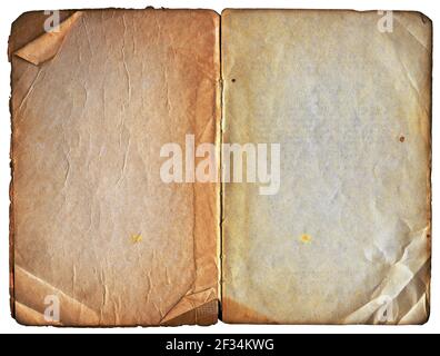 Apri libro isolato su bianco - carta vintage sgualcita fogli con superficie grugnosa Foto Stock