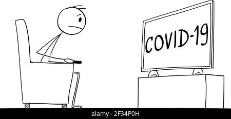 Uomo che guarda le notizie di Coronavirus o Covid-19 in TV. Figura del bastone del cartone vettoriale Illustrazione Vettoriale