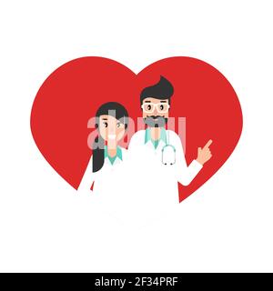 Due medici in cuore rosso. Consultazione medica su Internet. Servizio web di consulenza sanitaria. Assistenza ospedaliera online. Medico di computer. Chieda ad un medico. Ve Illustrazione Vettoriale