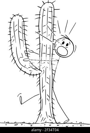 Man Walking in Desert Hit The Big Cactus, Vector Cartoon Stick Figure Illustrazione Illustrazione Vettoriale