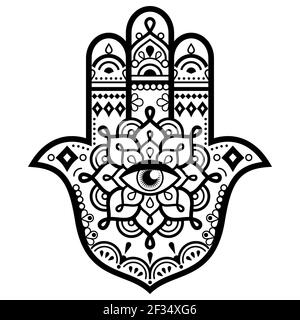 Mano Hamsa con disegno vettoriale mandala - occhio maligno decorativo simbolo di protezione Illustrazione Vettoriale