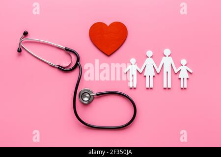 Piatto con cuore, stetoscopio e figura di famiglia. Concetto di assistenza medica Foto Stock