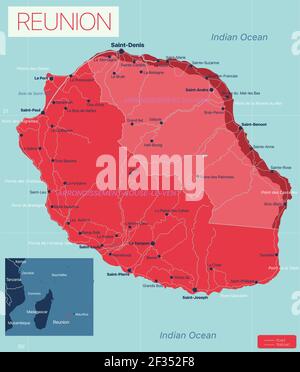 Reunion Mappa dettagliata modificabile con regioni città e città, strade e ferrovie, siti geografici. File vettoriale EPS-10 Illustrazione Vettoriale