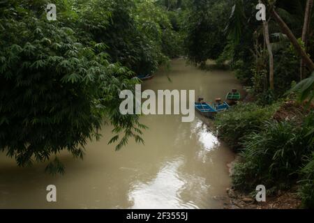 Un fiume verde marrone fiancheggiato da alberi tropicali della foresta pluviale a Gunung Kidul su Java, Indonesia con piccole barche a motore fisher, Foto Stock