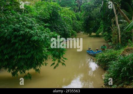 Un fiume verde marrone fiancheggiato da alberi tropicali della foresta pluviale a Gunung Kidul su Java, Indonesia con piccole barche a motore fisher, Foto Stock