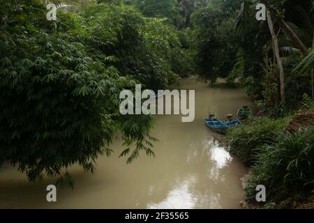 Un fiume verde marrone fiancheggiato da alberi tropicali della foresta pluviale a Gunung Kidul su Java, Indonesia con piccole barche a motore fisher, Foto Stock