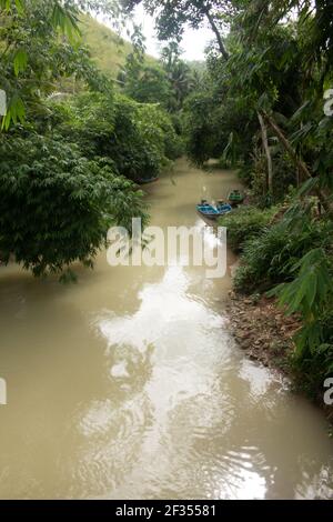 Un fiume verde marrone fiancheggiato da alberi tropicali della foresta pluviale a Gunung Kidul su Java, Indonesia con piccole barche a motore fisher, Foto Stock