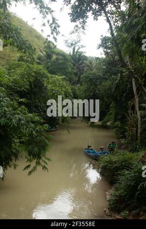 Un fiume verde marrone fiancheggiato da alberi tropicali della foresta pluviale a Gunung Kidul su Java, Indonesia con piccole barche a motore fisher, Foto Stock