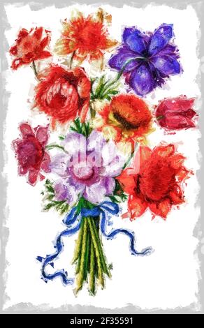 Immagine migliorata digitalmente di un bouquet di Poppy Anemone (Anemone coronaria) 17 ° secolo dipinto a mano su Parchment botany studio di a. Dal Jardin du Foto Stock