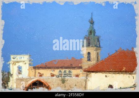 Immagine ingrandita digitalmente della vista generale di Jaffa, Israele con la torre dell'orologio ottomana costruita dai turchi sullo sfondo Foto Stock