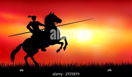 Cavaliere a cavallo con una lancia. Tramonto. Il sole. Sfondo rosso. Illustrazione Vettoriale