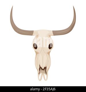 Mucca, cranio toro in stile cartone animato isolato su sfondo bianco stock illustrazione vettoriale. Wild West clipart, osso vecchia decorazione creativa. . Vettore ill Illustrazione Vettoriale