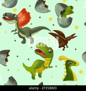 Vector senza cuciture con dinosauro e uova per il tuo design di tessuti, sfondi, tessuti, poster. Divertenti dinosauri e Pterodactyl.Vector illustrazione. Illustrazione Vettoriale