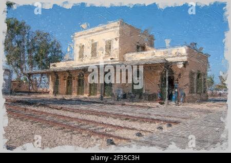 Immagine migliorata digitalmente di Israele, Tel Aviv, neve Tzedek, complesso Hatachana, una stazione ferroviaria ottomana ristrutturata che è stata originariamente costruita per servire Jaf Foto Stock