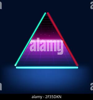 Paesaggio futuristico in stile retrò con triangolo e griglia lucida. Vettore. Illustrazione Vettoriale