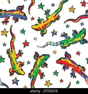 Pattern vettoriale senza giunture con lucertole e stelle su sfondo bianco. Carino design della carta da parati con geckos colorati. Tessile di moda animale. Illustrazione Vettoriale
