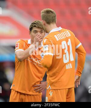 Ritsu DOAN l. (BI) discute con Arne MAIER (BI), conversazione. Calcio 1 Bundesliga, 25° giorno, Bayer 04 Leverkusen (LEV) - Arminia Bielefeld (BI) 1: 2, il 14 marzo 2021 a Leverkusen/Germania. ¬ | utilizzo in tutto il mondo Foto Stock