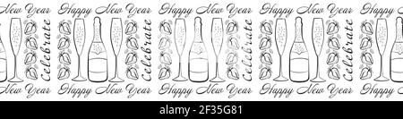 Champagne e fragole celebrano felice anno nuovo vettore di testo senza giunture bordo. Striscione con scritta scritta, vetri fissanti, bottiglie fragole Illustrazione Vettoriale
