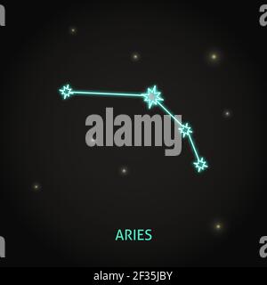 Segno zodiacale di Neon Aries su sfondo scuro. Costellazione splendente nel cielo notturno. Illustrazione vettoriale. Illustrazione Vettoriale
