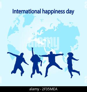 Giornata Internazionale della felicità. Happy jumping persone silhouette isolate sullo sfondo della mappa. Banner World Happy Day. Illustrazione vettoriale stock Illustrazione Vettoriale