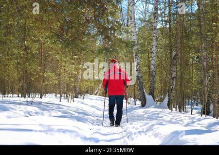 L'uomo entra per gli sport invernali - nordic walking, passeggiate con bastoni attraverso una foresta innevata. Persone attive in natura. Foto Stock