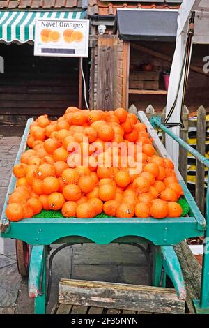 Portarotola verde piena di alimentari fuori dalla porta di ingresso del negozio Negozio di fattoria mostra invernale di frutta Navel arance in vendita In sacchi a corda Essex Inghilterra UK Foto Stock