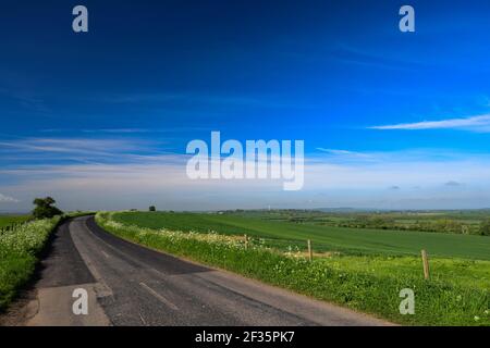 Una vista sulla campagna di una strada che conduce attraverso campi verdi In una tipica scena inglese Foto Stock