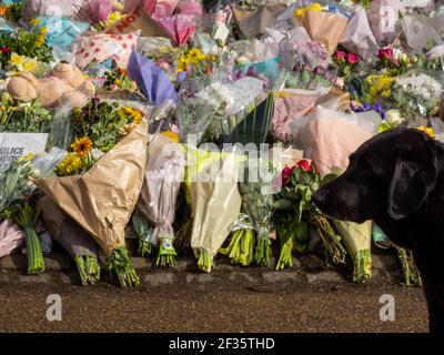 Fiori deposti in rispetto al santuario di fortuna alla donna assassinata Sarah Everard presso la tribuna di Clapham Common, a sud di Londra, Regno Unito. Foto Stock