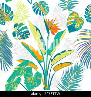 Modello vettoriale tropicale senza giunture con foglie colorate di palme e fiori. Sfondo chiaro botanica, carta da parati giungla. Illustrazione Vettoriale