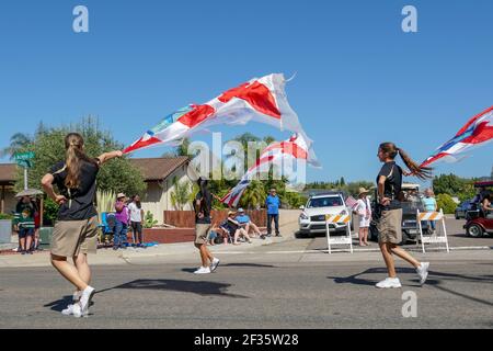 Del Norte High School Nighthawks Marching Band, 4 luglio Independence Day Parade a Rancho Bernardo, San Diego, California, USA. Giovani studenti sfilano con bandiere e suonano musica. 4 Luglio 2019 Foto Stock