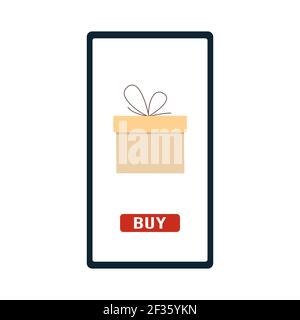 Online Shopping on Mobile Application Vector Concept. Confezione regalo. Illustrazione del marketing digitale. Per emettere regali e coupon ai consumatori tramite cellulare Illustrazione Vettoriale