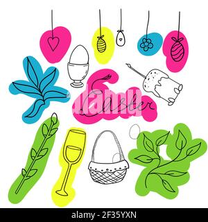 set di poodle pasqua mano elementi di disegno contorno con macchie di colore. illustrazione vettoriale Illustrazione Vettoriale