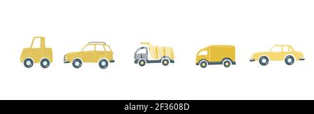 set di auto gialle piatte semplice disegno a mano in stile cartoon. illustrazione vettoriale Illustrazione Vettoriale