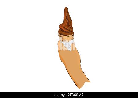 Disegno a mano di colore piatto, Cone gelato al cioccolato con tenuta a mano, isolato su bianco Illustrazione Vettoriale
