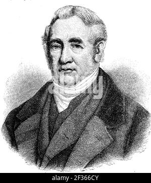 George Stephenson, 9 giugno 1781 - 12 agosto 1848, è stato un ingegnere inglese e il fondatore principale delle ferrovie / George Stephenson, 9. Giugno 1781 - 12. Agosto 1848, war ein englischer Ingenieur und Hauptbegründer des Eisenbahnwesens, Historisch, storico, digitale riproduzione migliorata di un originale del 19 ° secolo / digitale Reproduktion einer Originalvollage aus dem 19. Jahrhundert, Foto Stock