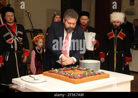 Il Granduca Giorgio Mikhailovich di Russia (Georgi Mikhailovich Romanov) erede al trono russo celebra il suo 40° anniversario al Palazzo Smirnoff, il 14 marzo 2021 a Mosca, in Russia. Foto di Lodovico Colli di Felizzano/DNphotography/ABACAPRESS.COM Foto Stock