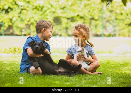 Fratello allegro e sorella chiacchierano felicemente nel parco Foto Stock